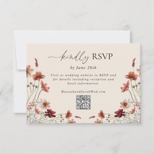 Boho Wildblume Wedding QR Code RSVP Karte (Vorderseite)
