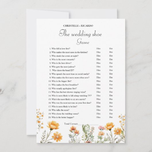 Boho Wildblume Wedding Schuh Party Game Card Ankündigung (Vorderseite)
