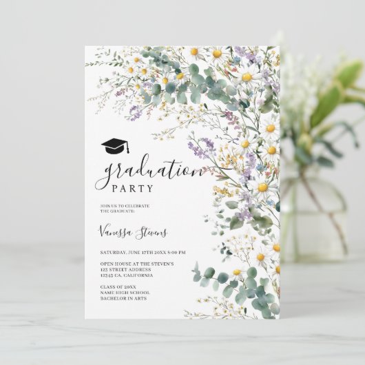 Boho Wildblumen 3 Foto Hübscher Abschluss Einladung (Stehend Vorderseite)