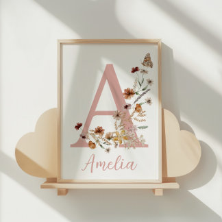 Boho Wildblumen-Aquarell-Baby-Mädchen-Name Poster