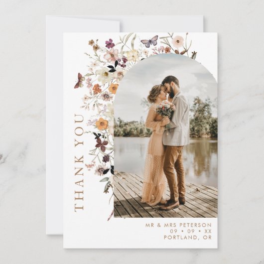 Boho Wildblumen Arch Foto Hochzeit im Herbst Dankeskarte (Vorderseite)