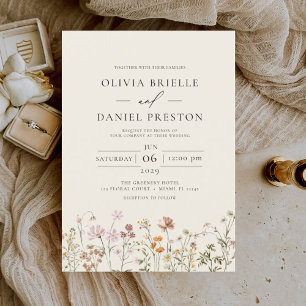 Boho Wildblumen Beige Gartenhochzeit Einladung