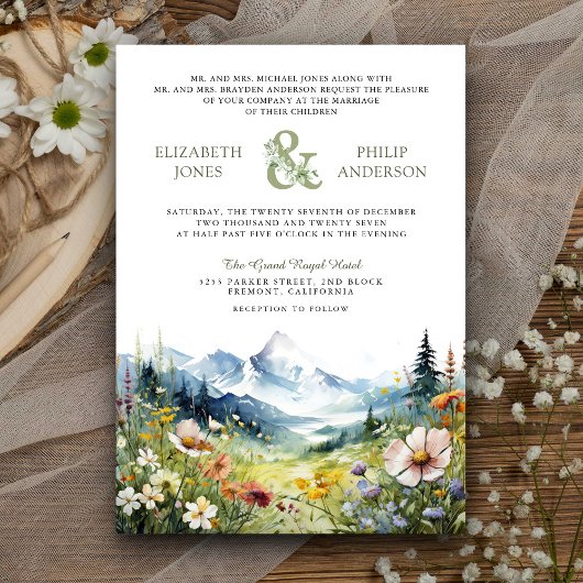 Boho-Wildblumen-Bergwiese-QR-Code-Hochzeit Einladung