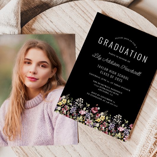 Boho Wildblumen Black Foto Abschluss Einladung