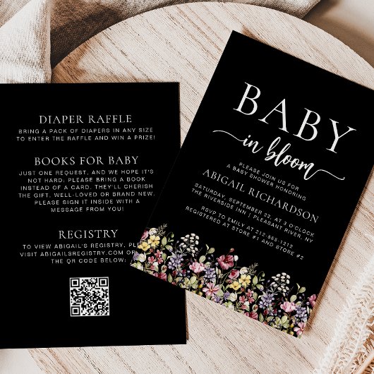 Boho Wildblumen Black QR Code Kinderdusche Einladung