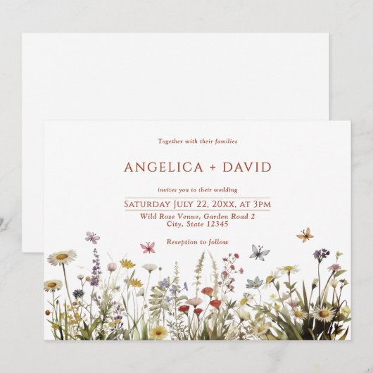 Boho Wildblumen Butterflies Einladung Hochzeit (Vorne/Hinten)