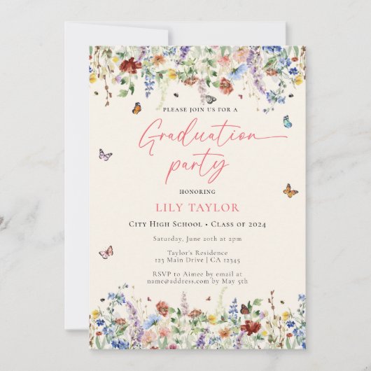 Boho Wildblumen & Butterflies Graduation Party Einladung (Vorderseite)
