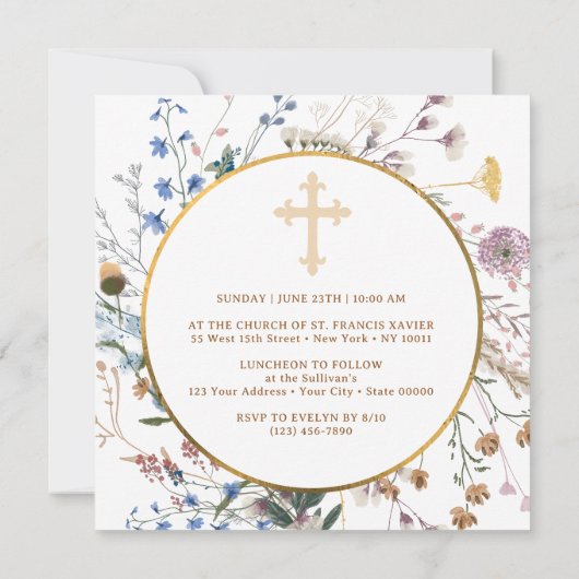 Boho Wildblumen Circle Baptisse Einladung (Rückseite)