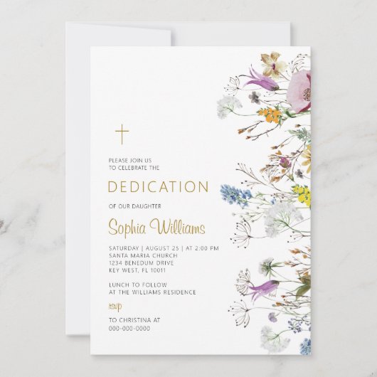 Boho Wildblumen Dedication Einladung (Vorderseite)