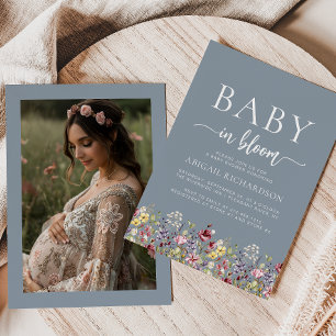 Boho Wildblumen Dusty Blue Foto Babydusche Einladung
