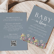 Boho Wildblumen Dusty Blue QR Code Babydusche