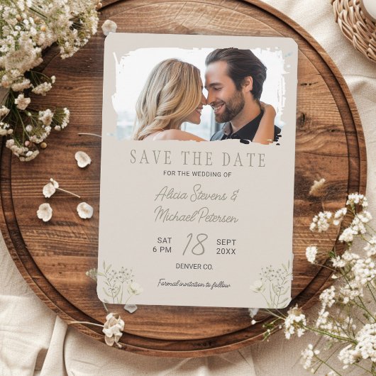 Boho-Wildblumen einfache Foto beigefarbene Salbei- Save The Date