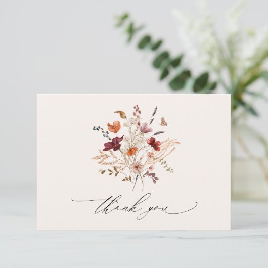 Boho Wildblumen Elegante Hochzeit im Herbst Dankeskarte (Stehend Vorderseite)