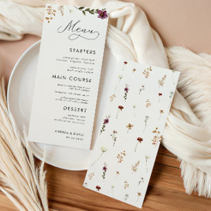 Boho Wildblumen Elfenbein Creme Hochzeit Dreigangm Menükarte