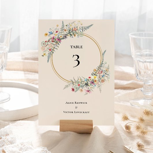 Boho-Wildblumen-Farn-Beige-Hochzeit Tischnummer