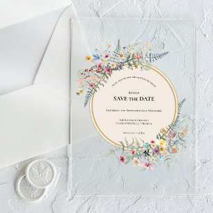 Boho-Wildblumen-Farn-Beige Save-the-Date-Karte Acryleinladungen
