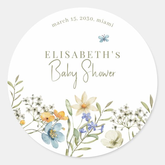Boho Wildblumen Federbaby Dusche personalisiert Runder Aufkleber (Vorderseite)