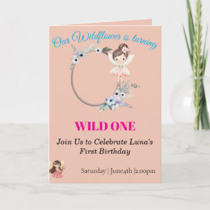 Boho-Wildblumen-Feengirl 1. Geburtstagskarte Einladung