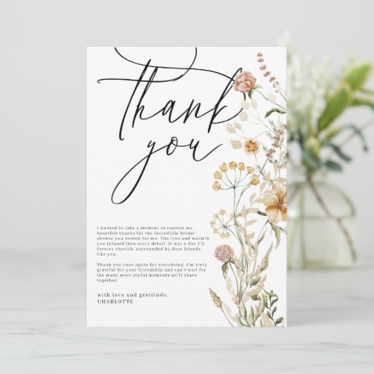Boho Wildblumen Foto Brautparty Dankeskarte (Stehend Vorderseite)