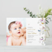 Boho Wildblumen Foto Girl Taufe Einladung (Stehend Vorderseite)