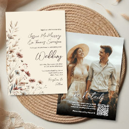 Boho-Wildblumen & Foto Moderne QR-Code-Hochzeit Einladung