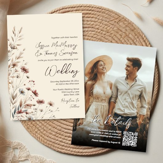 Boho-Wildblumen & Foto Moderne QR-Code-Hochzeit Einladung