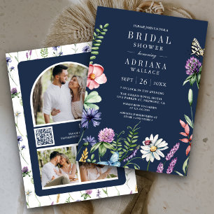 Boho Wildblumen Foto QR Code Navy Brautparty Einladung