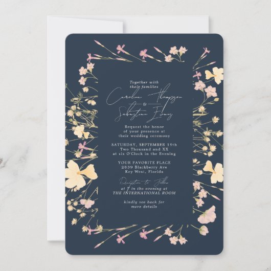 Boho Wildblumen Frame Navy UAWG QR Code Hochzeit Einladung (Vorderseite)