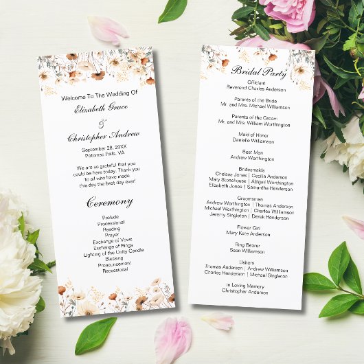 Boho-Wildblumen Gelb Beige Hochzeitsprogramm Menükarte