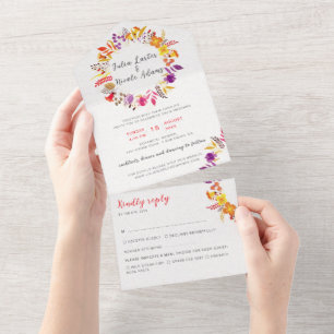 Boho-Wildblumen-Herbstkranz-Hochzeit All In One Einladung