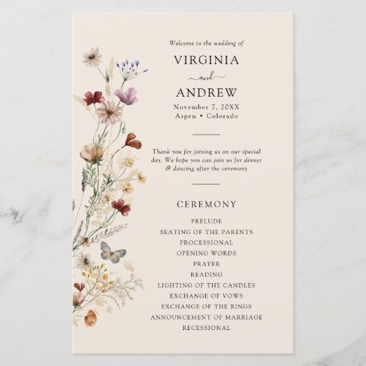 Boho-Wildblumen-Hochzeitsprogramm (Vorderseite)