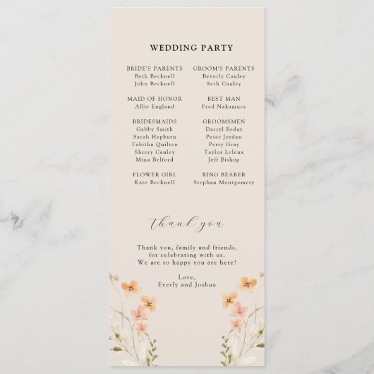 Boho-Wildblumen-Hochzeitsprogramm Programm (Rückseite)