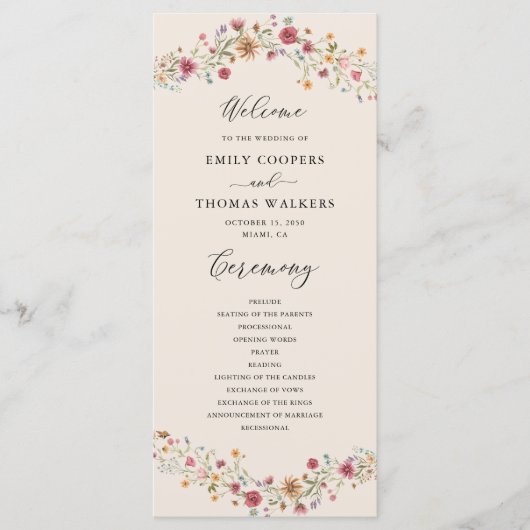 Boho Wildblumen Hochzeitsprogramm Programm (Vorderseite)