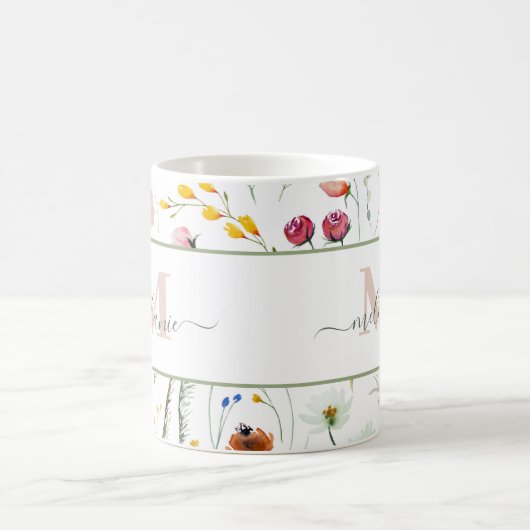 Boho Wildblumen Individuelle Name Monogram Kaffeetasse (Mittel)