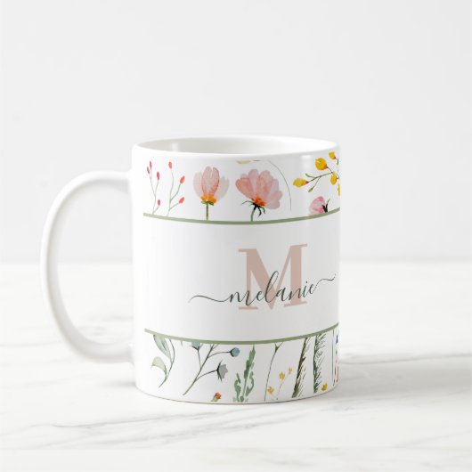Boho Wildblumen Individuelle Name Monogram Kaffeetasse (Links)