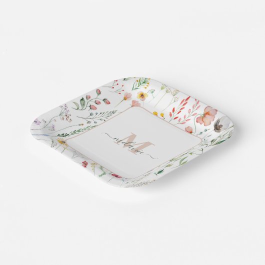 Boho Wildblumen Individuelle Name Monogram Pappteller (Gewinkelt)