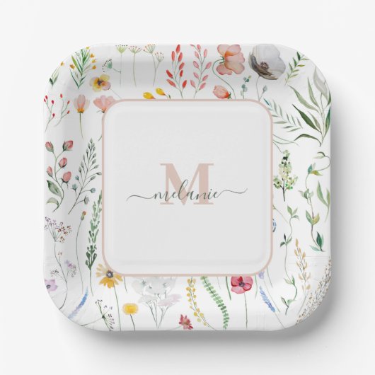 Boho Wildblumen Individuelle Name Monogram Pappteller (Vorderseite)