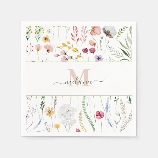 Boho Wildblumen Individuelle Name Monogram Serviette (Vorderseite)