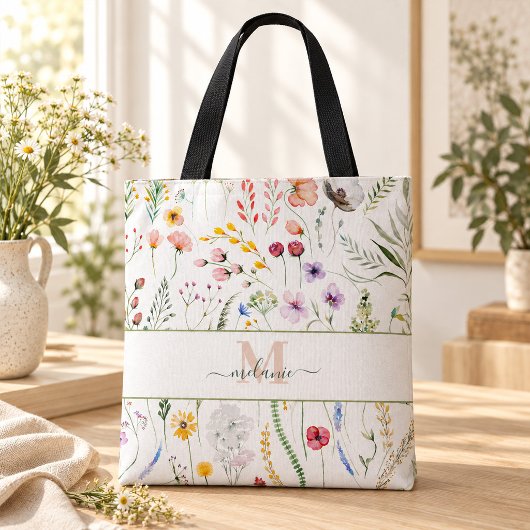 Boho Wildblumen Individuelle Name Monogram Tasche