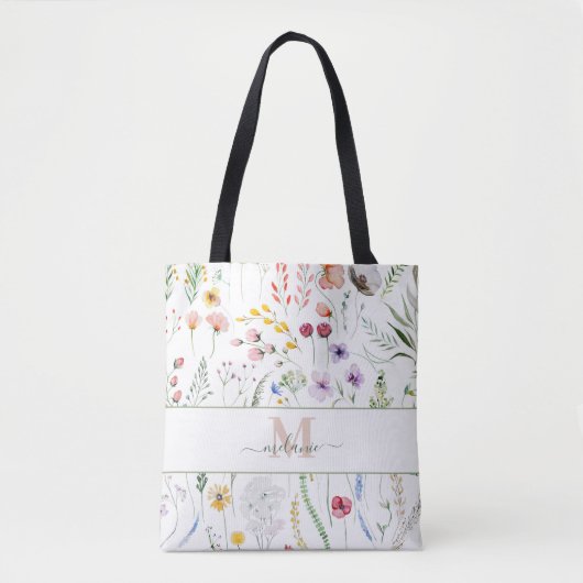 Boho Wildblumen Individuelle Name Monogram Tasche (Vorderseite)