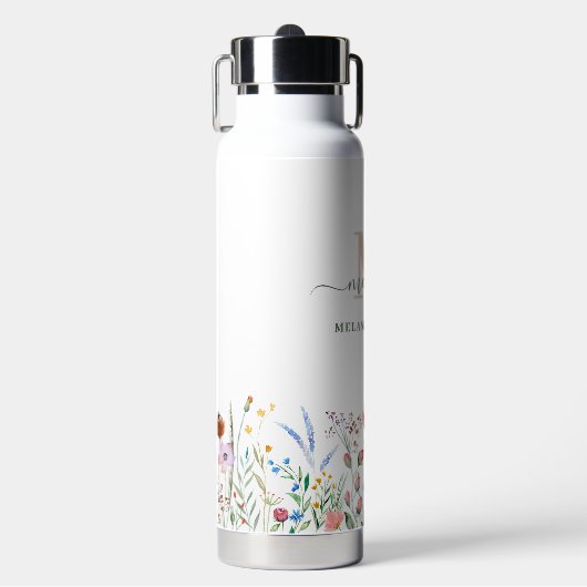 Boho Wildblumen Individuelle Name Monogram Trinkflasche (Vorderseite)
