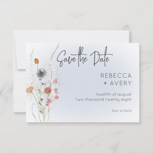 Boho Wildblumen Modern Blue Save the Date Card (Vorderseite)