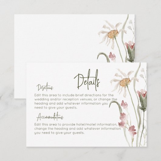 Boho Wildblumen Moderne Blumendetails Hochzeit Begleitkarte (Vorne/Hinten)