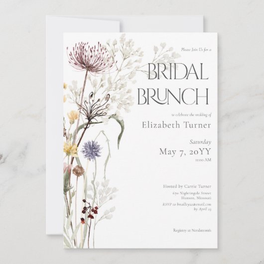 Boho Wildblumen Modernes Brunch der Blumenbridal Einladung (Vorderseite)