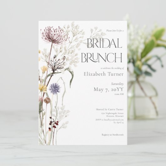 Boho Wildblumen Modernes Brunch der Blumenbridal Einladung (Stehend Vorderseite)