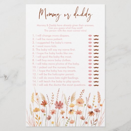 Boho Wildblumen Mommy oder Daddy Baby Shower Game (Vorderseite)