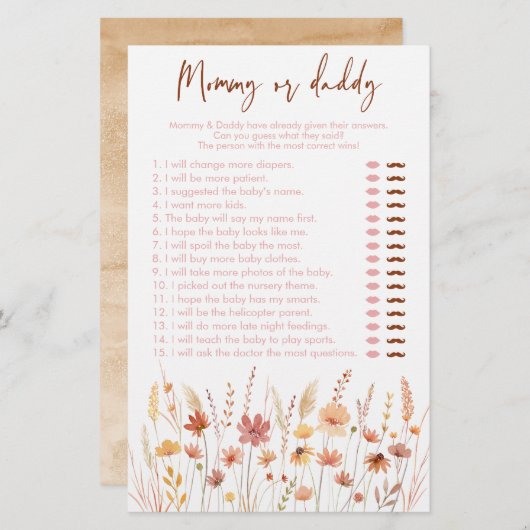 Boho Wildblumen Mommy oder Daddy Baby Shower Game (Vorne/Hinten)
