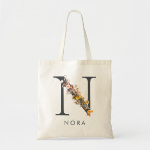 Boho-Wildblumen-Monogramm Buchstabe N Tragetasche
