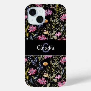 Boho-Wildblumen-Muster Rosa Schwarzes Monogramm Case-Mate iPhone Hülle
