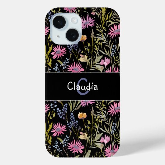Boho-Wildblumen-Muster Rosa Schwarzes Monogramm Case-Mate iPhone Hülle (Rückseite)